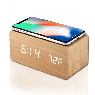 Multifunction LED Mobilephone Station Wooden Alarm Clock Fast Qi Wireless Phone Charger