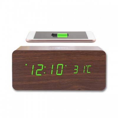 Thermometer Digital LED Mobile Phone Station Alarm Clock Wood Qi Fast Wireless Charger