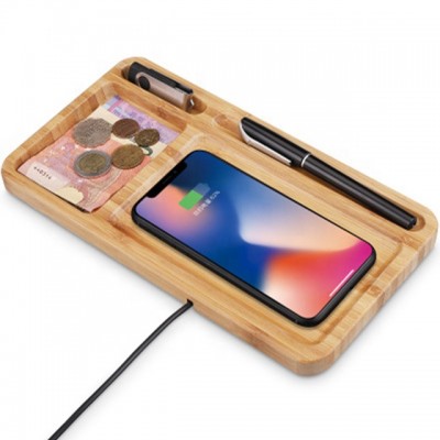 Office Multi Desk Fast Wooden Bamboo Pen Stand Holder Mobile Phone Wireless Charger Organizer